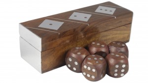 Sheesham Wood Dice Box 13cm - Nickel Finish With 5 Dice