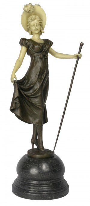 Lady Holding Stick Foundry Cast Bronze Sculpture On Marble Base 40cm