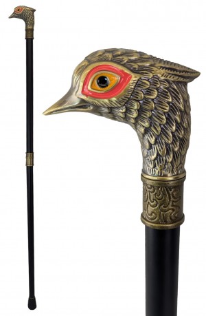 Brass Finish Pheasant Red / Orange Eyed Swagger Cane / Walking Stick  - 91cm