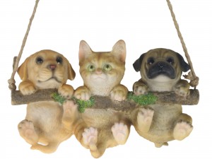 Swinging Puppies and Kitten On Log 28cm
