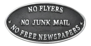 No Flyers No Junk Mail Sign - Polished Aluminium 17cm