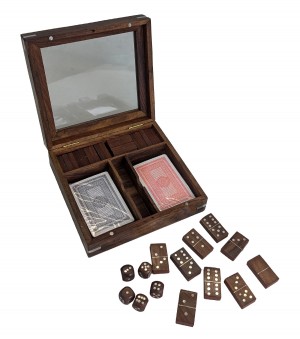 Multi Game Set - Domino, Dice and Double Card Box - Sheesham Wood - 17cm