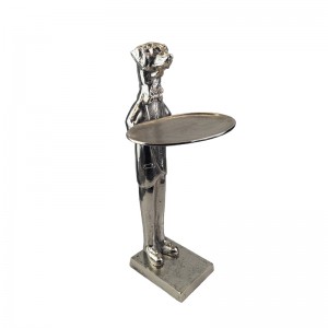 Dog With Plate - 50cm Nickel Plated Aluminium