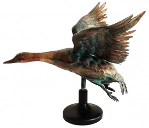 63.5cm Aged Copper/Verdigris Finish 3D Flying Duck Statue On Heavy Metal Base