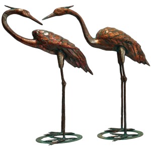 77.5cm. Aged Copper/Verdigris Finish 3D Set of 2 Cranes Statues On Heavy Metal Base