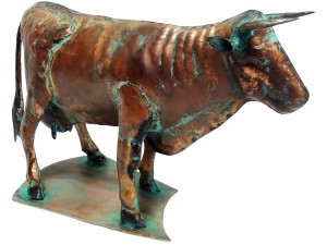 53.5cm Aged Copper/Verdigris Finish 3D Bull Statue On Heavy Metal Base
