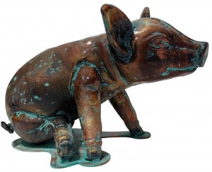 48cm Aged Copper/Verdigris Finish 3D Sitting Pig Statue On Heavy Metal Base