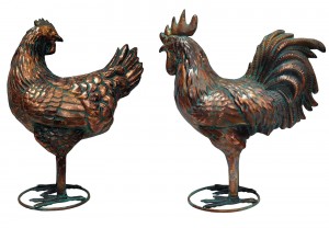 48cm Aged Copper/Verdigris Finish 3D Rooster and Hen Statues On Heavy Metal Base