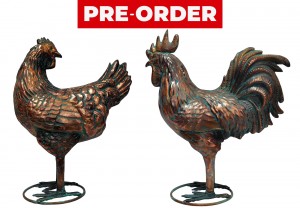 Pair of Aged Copper/Verdigris Finish 3D Rooster/Hen Statues On Heavy Metal Base - 48cm