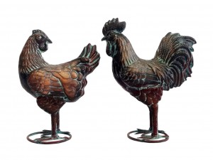 27.5cm Aged Copper/Verdigris Finish 3D Small Rooster and Hen Statues On Heavy Metal Base