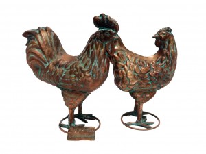 Pair of  Aged Copper/Verdigris Finish 3D Small Rooster/Hen Statues On Heavy Metal Base - 27.5cm