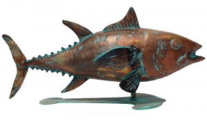 52cm Aged Copper/Verdigris Finish Blue Tuna Fish Statue On Heavy Metal Base