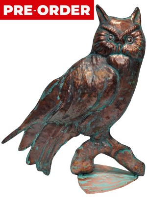 47cm Aged Copper/Verdigris Finish 2D Owl Statue On Heavy Metal Base