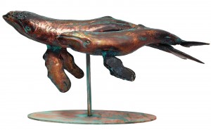 46cm Aged Copper/Verdigris Finish Humpback Whale Mother & Son Statue - On Heavy Metal Base