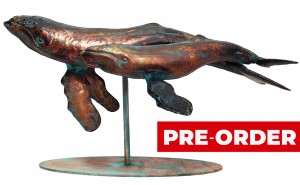 46cm Aged Copper/Verdigris Finish Humpback Whale Mother & Son Statue On Heavy Metal Base