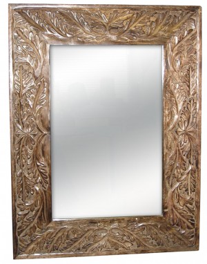 Mango Wood Leaf Design Carved Mirror 63.5cm