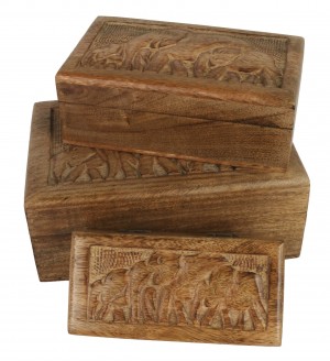 Mango Wood Elephant Design Boxes (Set of 3) 25cm