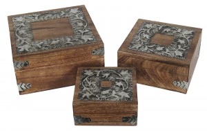 Mango Wood / Metal Flower Design Set of 3 Boxes 20.5cm