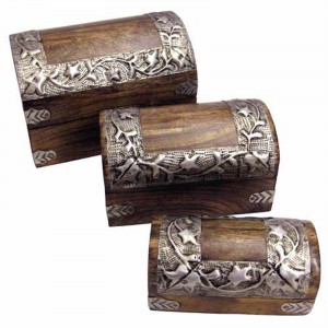 Mango Wood / Metal Flower Design Set/3 Dome Boxes 23cm