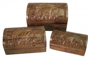 Mango Wood Elephant Large Set Of 3 Domed Boxes 30.5cm