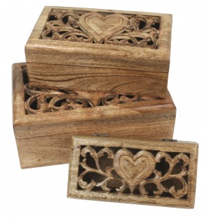 Mango Wood Set/3 Oblong Boxes Heart Carvings Design 28cm