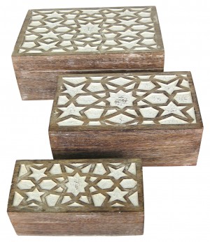 Mango Wood Set/3 Star Boxes - Burnt White Finish 23cm