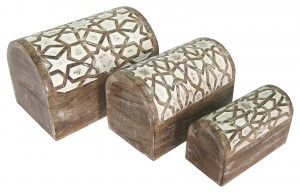Mango Wood Set/3 Star Domed Boxes - Burnt White Finish 23cm