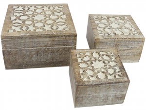 Mango Wood Set Of 3 Square Boxes - Burnt White Finish 18cm