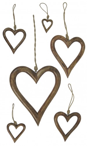 Mango Wood Set Of 6 Hanging Hearts 36cm
