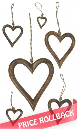 Mango Wood Set Of 6 Hanging Hearts 36cm