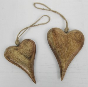 Mango Wood Set Of 2 Hanging Hearts 19cm