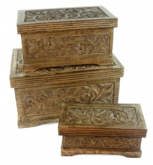 Mango Wood Set Of 3 Large Boxes - Flower Design 46cm