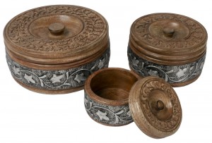 Mango Wood Set of 3 Metal Overlay Round Boxes 22cm
