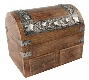 Mango Wood Metal Overlay Dome Top Box with 2 Drawers 25.5cm