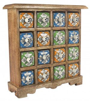 Mango Wood Ceramic 16 Drawer Almirah 33.5cm