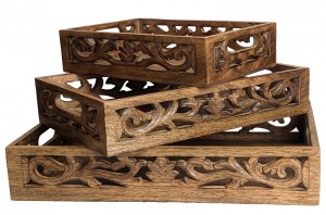 Mango Wood Set of 3 Cutwork - Burnt Trays 46cm