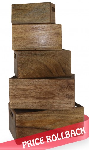 Set of 5 Mango Wood Plain Crates 34cm