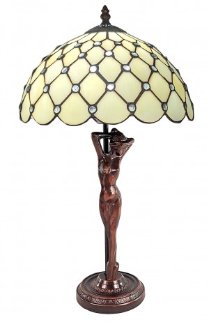 Cream Jewelled Tiffany Lamp With Lady Base 53cm With 30 Dia 