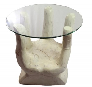Hand Carved Wooden Hand Table White Wash With Glass Top 53cm