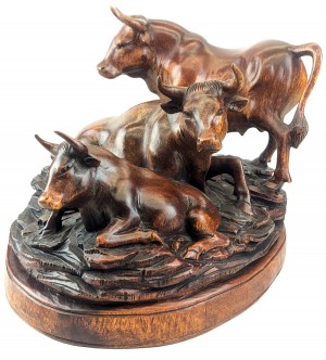 Hand Carved Wooden 3 Bulls On Plinth 40cm