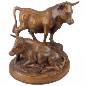 Hand Carved Wooden 2 Bulls On Plinth 26cm