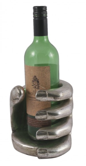 Wooden Hand Wine Bottle Holder - Antique Silver Finish 15cm