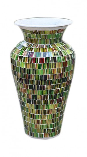 Mosaic Green & Brown Terracotta & Glass Vase - 80cm Tall - 28cm Dia.