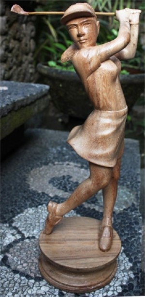 Hand Carved Wooden Statue Of Female Golfer - Suar Wood - 80cm