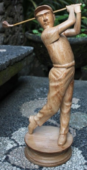 Hand Carved Wooden Statue Of Male Golfer - Suar Wood - 80cm