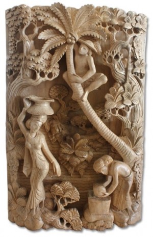 Hand Carved  Wooden Tree Climbing Wall Hanging Natural Polished - 45cm