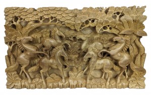 6 Horse Wall Carving - Nat Wood 65cm