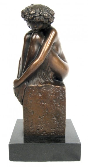 Girl Sitting On Plinth Foundry Cast Bronze Sculpture On Marble Base 21cm