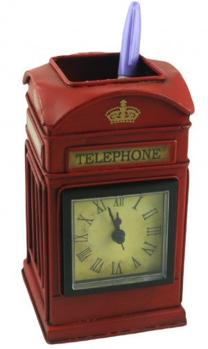 Telephone Box Pen Holder and Clock - 16.5cm