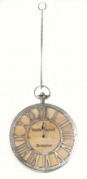Round Wood & Aluminium Clock Hanging From Metal Chain 68cm